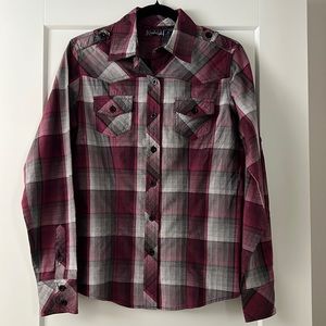 Pre-owned Cruel Girl plaid shirt in black/magenta/gray/white. Excellent. Size M